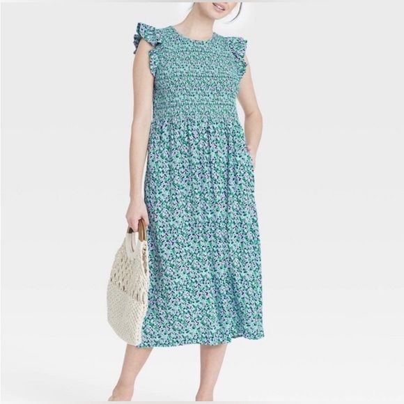 A New Day Floral Smocked Open Back Midi Dress Women's Size XS with pockets - Picture 1 of 11